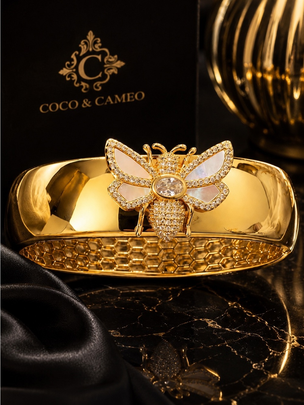🐝 Gold Bee Statement Cuff Bracelet |Crystal Pearl Wing Honeycomb Hinged Bangle